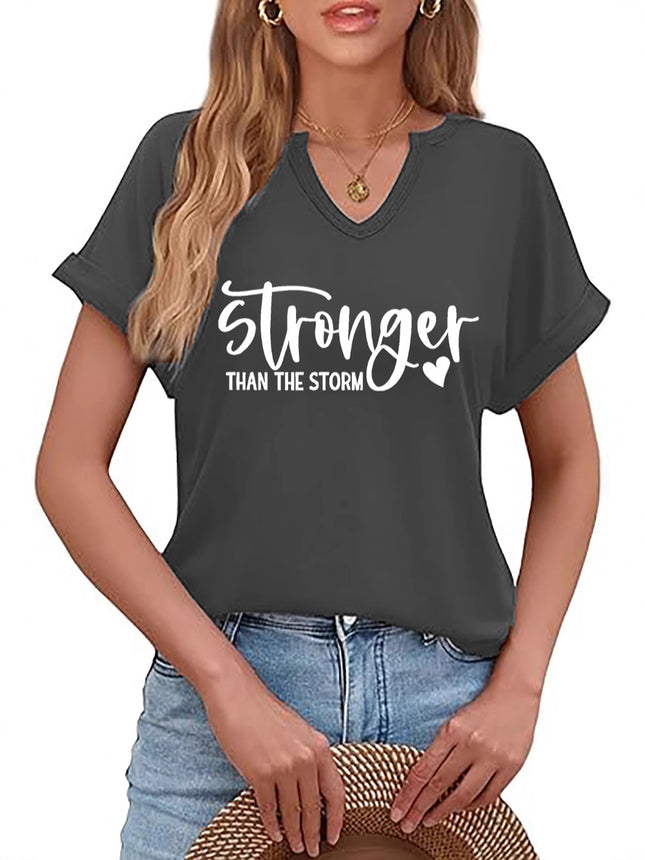 Amazon Cross-Border Spring and Summer New Product V-Neck Rolled Sleeves Stronger Than the Storm Letter Print