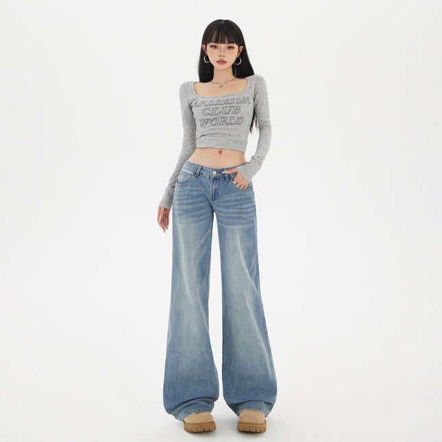 2025 American Retro Low-Waist Bootcut Pants for Women in Autum New Loose and Slim Floor-Length Jeans