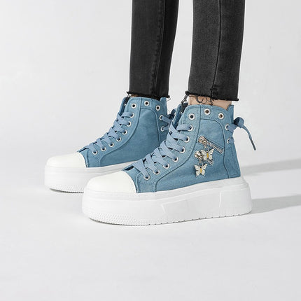 Cross-Border Large Size Women's Shoes 2024 New Outdoor Versatile Butterfly Zipper Canvas Shoes Thick-Soled High-Top Heightening Sneakers for Women