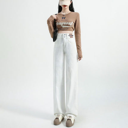 Two-Button Petite Black-Gray Wide-Leg Jeans for Women, 2025 Retro Vintage Spring Style, Drapey Floor-Length Pants