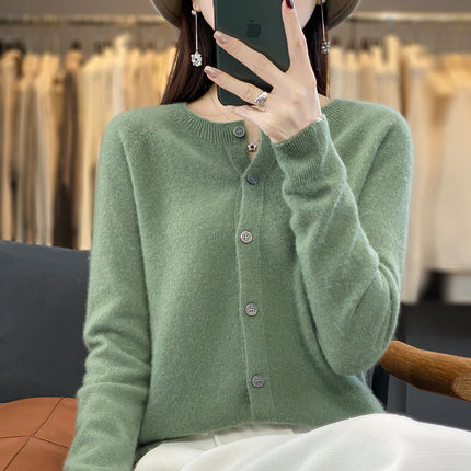 Round neck first-line clothing pure wool sweater cardigan coat women's osmanthus needle knitted bottoming shirt long sleeve solid color top