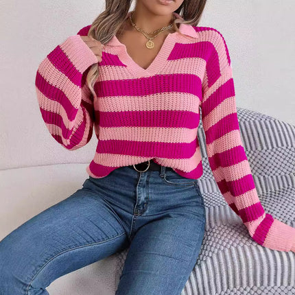 Clearance Sale: Autumn/Winter Casual Turn-Down Collar Color-Block Striped Long-Sleeve Knitted Pullover Sweater - Amazon Cross-Border Women's Fashion