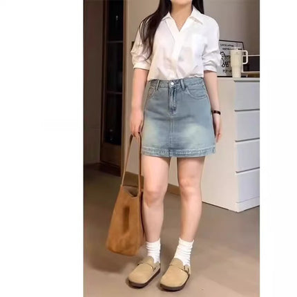 Retro Blue Denim Skirt for Women, Trendyy and Versatile New Style, Large Size Fat mm High Waist, Belly-Covering, Slimming Look A-Line Short Skirt