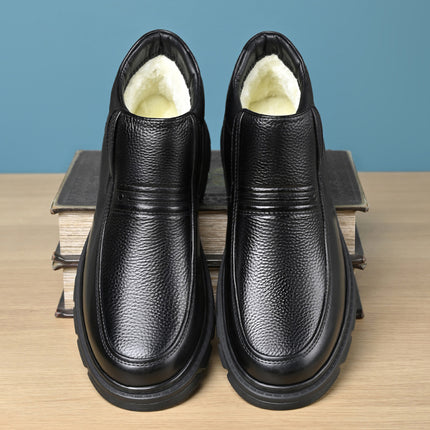 Winter fleece-lined Warm Cotton Shoes Men's Genuine Leather Fluffy Casual High-top Leather Shoes Men's Non-slip Soft Sole Middle-aged and Elderly Dad's Shoes