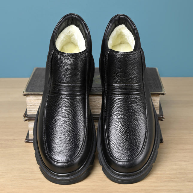 Winter fleece-lined Warm Cotton Shoes Men's Genuine Leather Fluffy Casual High-top Leather Shoes Men's Non-slip Soft Sole Middle-aged and Elderly Dad's Shoes