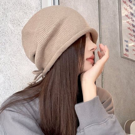 Korean Style Warm Rolled Edge Pullover Women's Drawstring Lazy Style Slouchy Beanie Autumn and Winter Fashion New Cold Hat