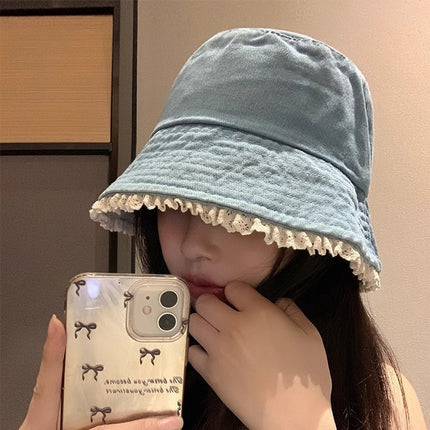 Cute Fisherman Hat Lace Denim Sunscreen Basin Hat Sense Sunshade College Style Face Small Bucket Hat Women