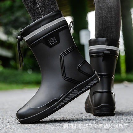 Rain Boots Men's Mid-Calf Water Shoes Waterproof Mouth Drawstring Rubber Shoes Kitchen Takeaway Rider Overshoes Fleece-Lined Warm Rain Boots