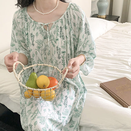 Mishiti Cotton Silk New Chinese Style Short-Sleeved Nightgown for Women, Summer Thin Style, National Style Cotton Silk Home Wear, Can Be Worn Outside
