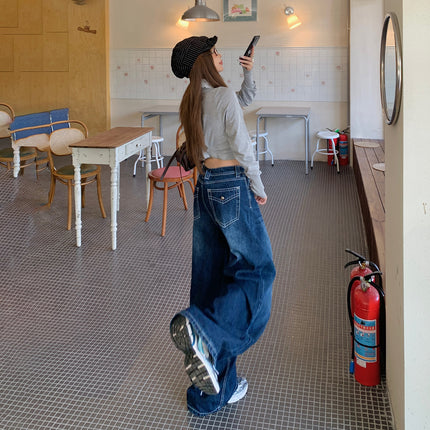 American-Style Dark Blue Wide-Leg Jeans for Women, 2025 Autumn New Straight High-Waisted Loose Slimming Lazy Floor-Length Pants