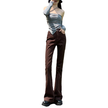Brown Flared Jeans for Women, 2025 New Autumn Vintage High-Waisted Slimming Bell-Bottom Floor-Length Pants