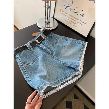 Plus Size Fat mm Lace Denim Shorts Women's Summer New High-Waist Slim Pear-Shaped Figure A-Line Straight Shorts