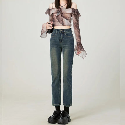 Cement Grey Straight High Waist Jeans Women's Trendy All-match New Style Simple Retro Slim Fit Slimming French Stick Pipe Pants