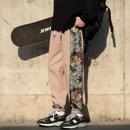 2025 Autumn and Winter New Loose Men's Japanese Retro Trendy Large Size Embroidered Color-Blocking Casual Pants Factory Direct Supply