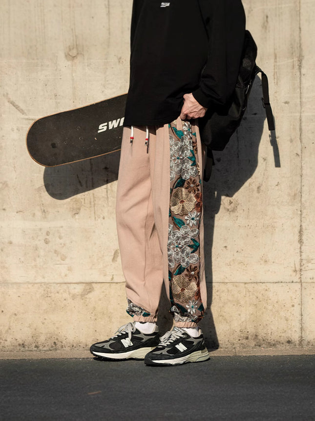 2025 Autumn and Winter New Loose Men's Japanese Retro Trendy Large Size Embroidered Color-Blocking Casual Pants Factory Direct Supply