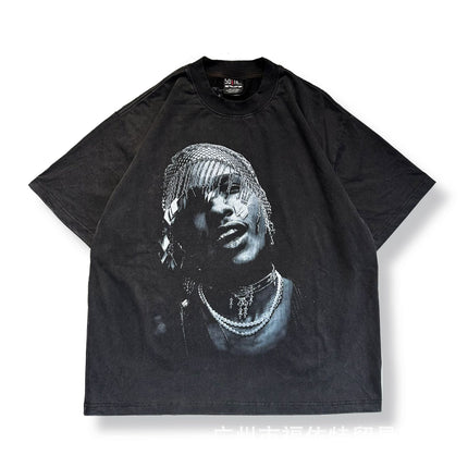 Saint Michael Cho Big Face European and American Retro Washed and Distressed Commemorative Portrait Short-Sleeved T-Shirt Trendy