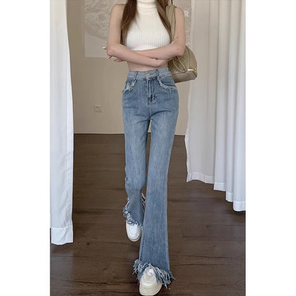 light blue Fringed Weiling Jeans Women's Trendy All-match New High Waist plus size Slim-fit Slim-fit Elastic Slim-fit Wide-leg Pants