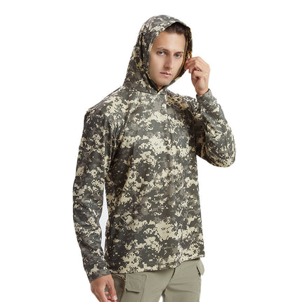 New Men's Long-Sleeved Quick-Drying Hooded Sun Protection t Outdoor Tactical Sports Physical Fitness Breathable Camouflage T-Shirt Camping Style Fishing