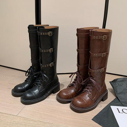High Boots Autumn 2024 New Women's Boots Thick Heel Mid Heel Knight Boots Vintage Rivet Belt Buckle Boots Women