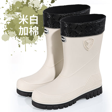 2026 New Cross-Border Korean and Japanese Waterproof Rubber Shoes, Fashionable Water Shoes, Outdoor Non-Slip Mid-Calf Fleece-Lined Men's Rain Boots