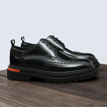 Men's Glossy Leather Shoes, Genuine Leather, 2026 New Model, British Style, Brogue Carved Design, Business Casual, Thick-Soled, Height-Increasing Men's Shoes