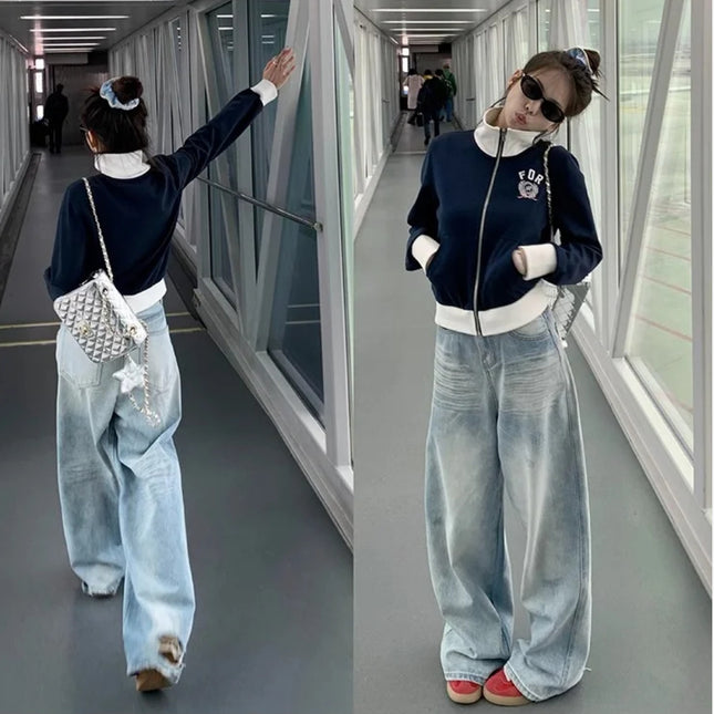 American Retro Distressed Washed Ripped Jeans for Women Summer New High-Waisted Slim Straight Wide-Leg Floor-Length Pants