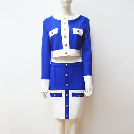 Cross-border 2020 Europe and the United States new temperament black and white color matching breasted cardigan A- line skirt suit factory wholesale 4 colors