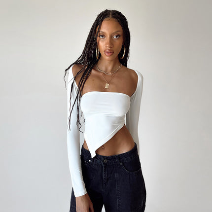 M23Tp004 European and American Style Women's Spring New Solid Color Long-Sleeve Shawl Off-Shoulder Bustier Crop Top Wholesale