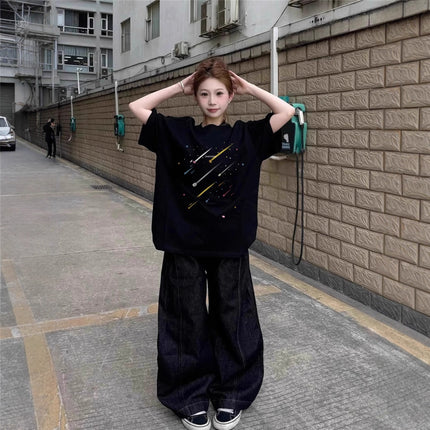 Black Pure Cotton Short-Sleeved T-Shirt for Women, Summer 2026 Style, Student Loose Oversize Half-Sleeve American Style Top, Trendy