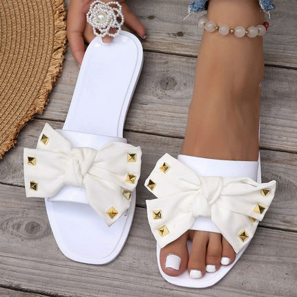 Bowknot Slippers for Women, Round-Toe, Thick-Soled, Non-Slip Beach Sandals, Wear-Resistant, Comfortable, Flat-Soled, Stylish