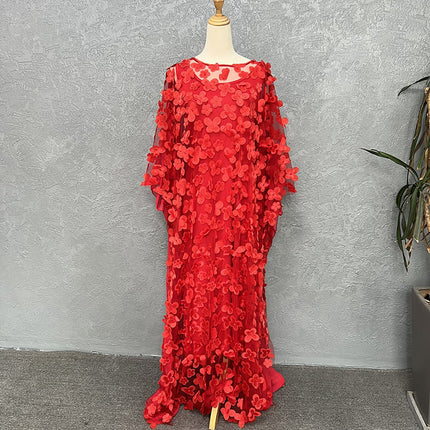 Cross-border source three-dimensional embroidery flower mesh round neck bat sleeve loose plus size robe vest African women's clear