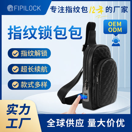 Fingerprint Lock Chest Bag for Men, Fashionable High-End Genuine Leather Crossbody Bag, Large Capacity Smart Anti-Theft Fingerprint Unlock Shoulder Bag