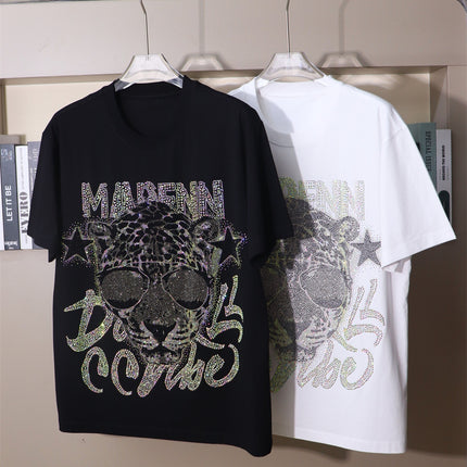 26 New Rhinestone Letter Leopard Head Personalized Cool Street Style Loose Unisex Short-Sleeve T-Shirt Plus Size Stylish