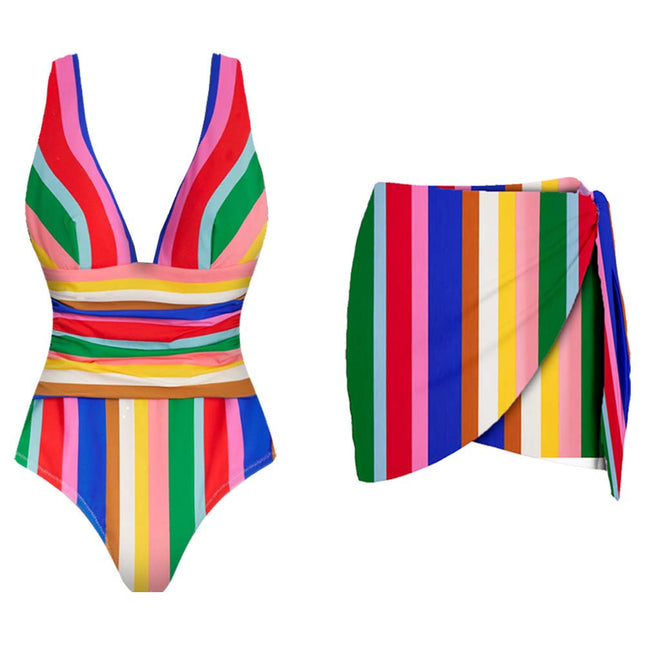 2025 Cross-Border European and American Swimwear Striped Vacation One-Piece Swimsuit Set for Women 25323 Huludao Swimwear Vacation