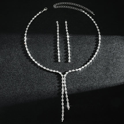 Fashion Popular Jewelry Exquisite Sparkling Rhinestone Tassel Long Necklace Earrings Set Bridal Party Jewelry