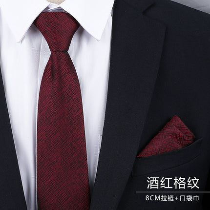 Dress Wedding Tie Men's 8CM Bridegroom Wedding Korean Style wine red Business Tie Narrow Zipper Lazy Men and Women