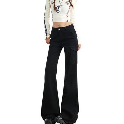 Eye-Catching Autumn and Winter Black Workwear Mid-Waist Elastic European and American Slightly Flared Wide-Leg Floor-Length Casual Jeans for Women