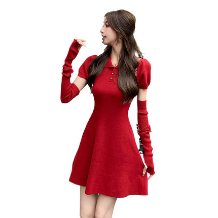 Foreign Trade Women's Clothing Real Shot New Year Red Knitted Slim Fit dress Women's Autumn and Winter Removable Sleeve Short Skirt Small Body