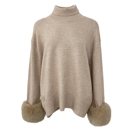 Women's Sweater Amazon Aliexpress Hot-Selling Autumn and Winter New Style Real Fox Fur Cuffs Loose High-Neck Knit Sweater for Women