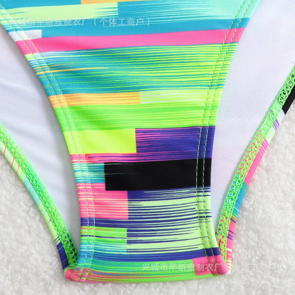 2025 New Model Rainbow Striped Bikini with Hard Cups and Underwire, Fluorescent Green Sports Swimsuit Set for Women, Beachwear