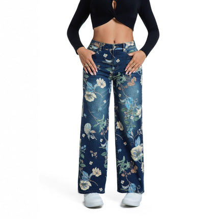 Printed Blue Denim Wide-Leg Pants 2025 Autumn New Thin Straight Long Vintage Pants Floor-Length Pants Women's Clothing