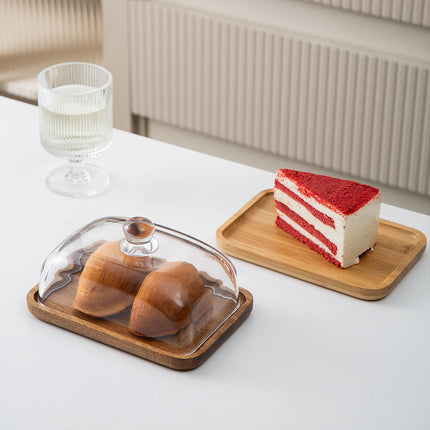 Bamboo and Wood Cake Plate Transparent Glass Display Dinner Plate Dessert Cake Western Food Plate with Table Cream Plate Cross-border Foreign Trade