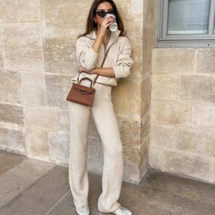 European and American Cross-Border 2026 Autumn and Winter Hot-Selling New Product Two-Piece Casual and Comfortable Lapel Long-Sleeved Sweater Knit Set