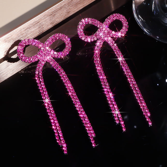 Shein Explosive Bow Long Tassel Earrings Women's Personality Super Flash Rhinestone Bride Wedding All-match Ear Jewelry