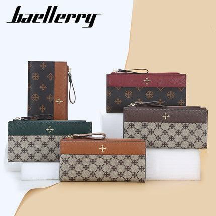 BAELLERRY Women's Long Wallet European and American Vintage Multi-Card Clutch Bag Patchwork Printed Zipper Card Bag for Women