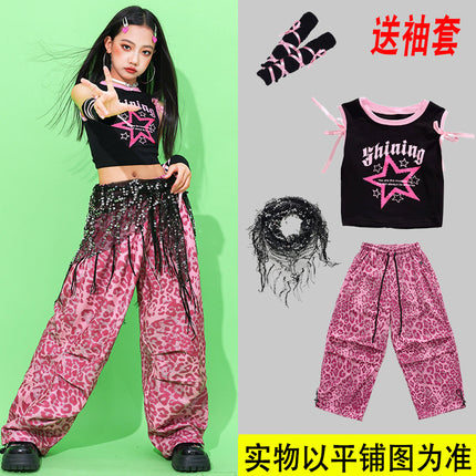 Girls' Jazz Dance Performance Outfits Children's Street Dance Clothing Dopamine Pink Leopard Print Pants Girls' Trendy Outfits