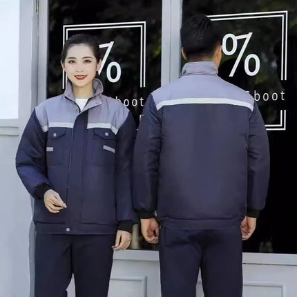 Winter Thickened Jacket, Mid-Length Workwear with Patchwork Shoulders, Cotton-Padded Jacket for Auto Repair, Construction Site, Factory, Cold Storage, and Warmth