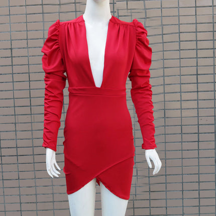 European and American Cross-Border New Autumn and Winter Pure Color Long-Sleeved Deep V Neck Slim Hip-Hugging Dress for Women