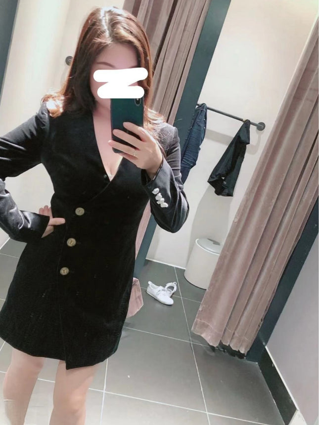 Foreign trade cross-border European and American stars same Style B lion buckle black velvet V-neck long sleeve dress coat socialite suit skirt