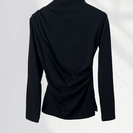 Elegant Slimming Combed Cotton Design High Collar Base Shirt Irregular Pleated Slim-fit Slimming Long-sleeved Top for Women